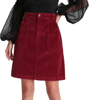 Women Corduroy Skirts Knee Length Ladies High Waisted Stretchy Denim Casual Mid Skirt Wiht Pockets