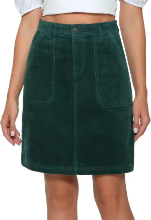 Women Corduroy Skirts Knee Length Ladies High Waisted Stretchy Denim Casual Mid Skirt Wiht Pockets