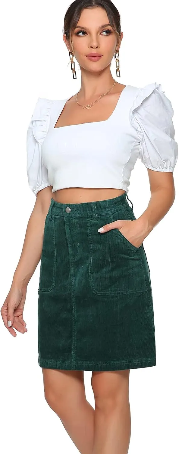 Women Corduroy Skirts Knee Length Ladies High Waisted Stretchy Denim Casual Mid Skirt Wiht Pockets