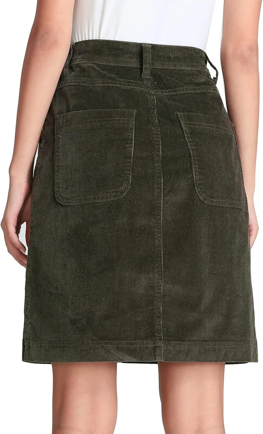 Women Corduroy Skirts Knee Length Ladies High Waisted Stretchy Denim Casual Mid Skirt Wiht Pockets
