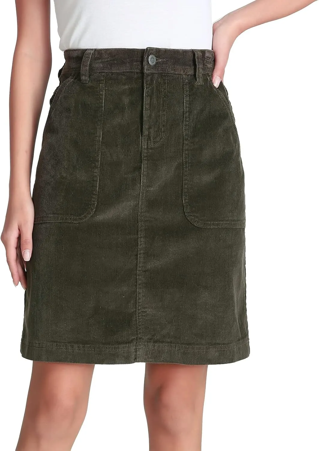 Women Corduroy Skirts Knee Length Ladies High Waisted Stretchy Denim Casual Mid Skirt Wiht Pockets