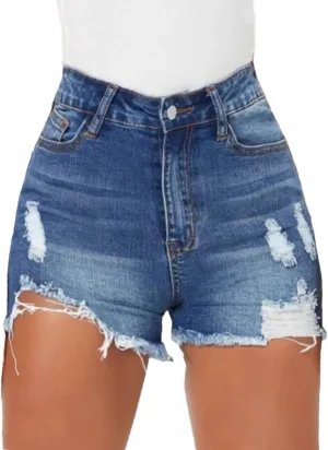 Women Distressed Stretchy Denim Shorts Junior Ripped Frayed Raw Hem Casual High Waisted Jeans Shorts