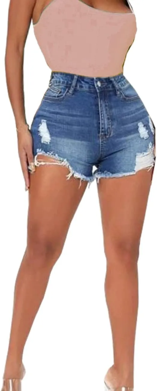Women Distressed Stretchy Denim Shorts Junior Ripped Frayed Raw Hem Casual High Waisted Jeans Shorts