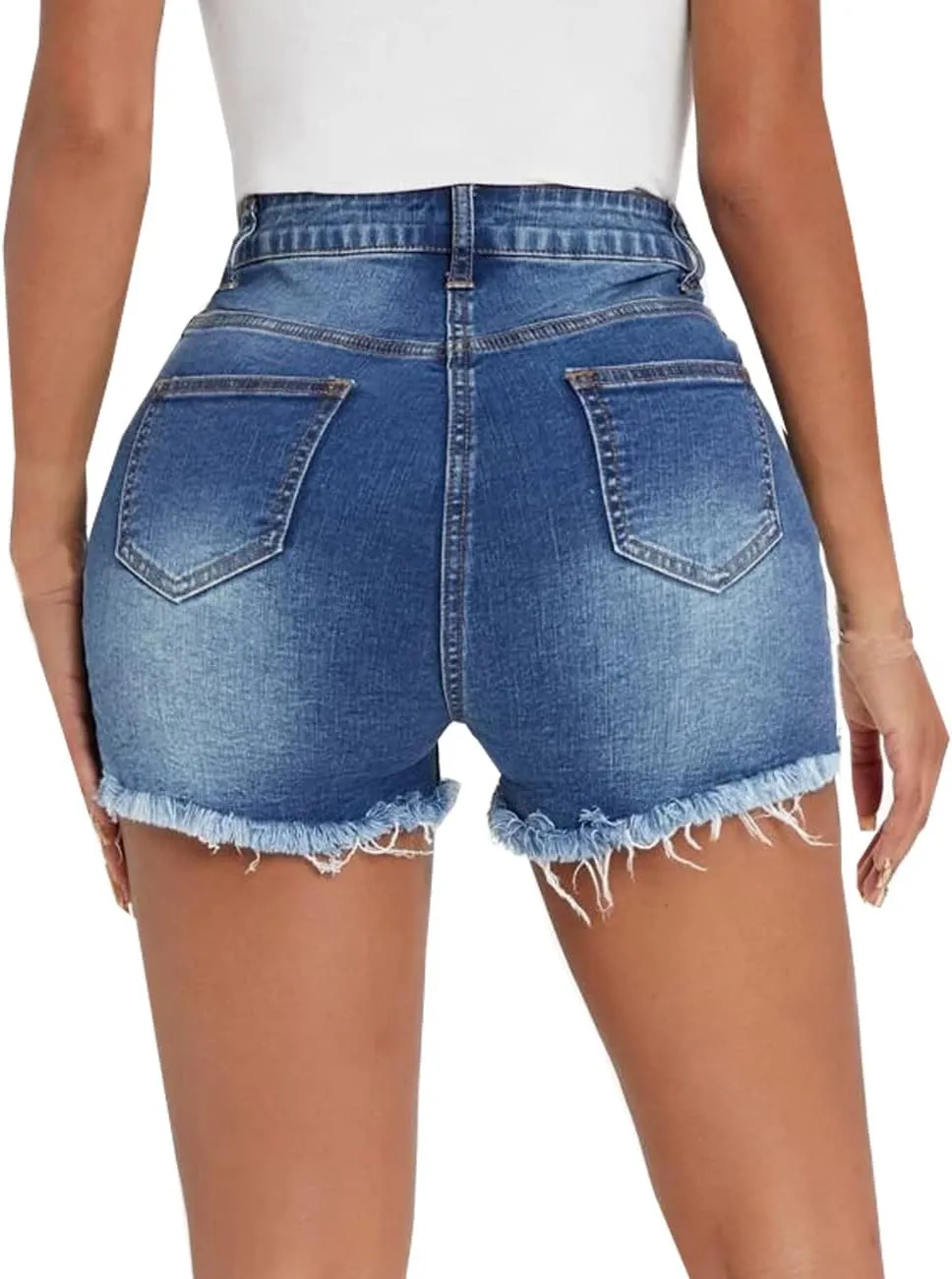 Women Distressed Stretchy Denim Shorts Junior Ripped Frayed Raw Hem Casual High Waisted Jeans Shorts