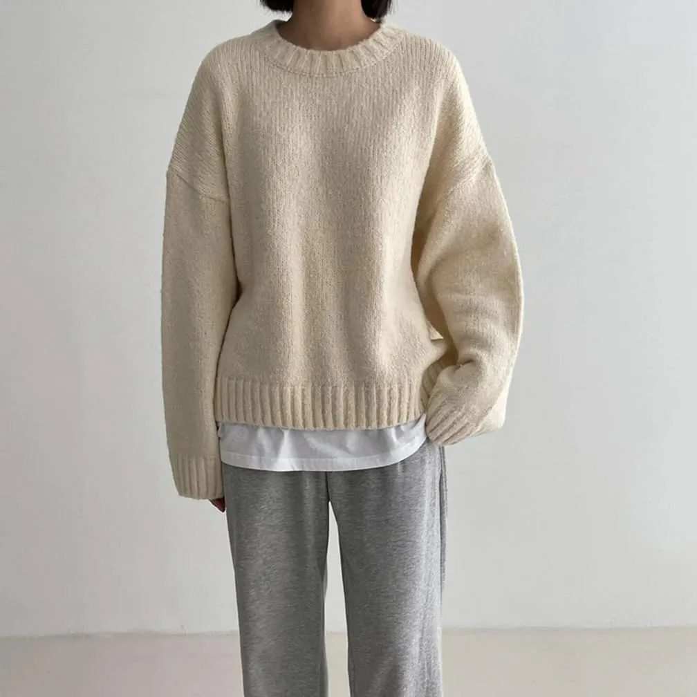 Women Drop Shoulder Crewneck Oversized Fuzzy Knit Sweater Long Sleeve Casual Solid Knitted Chunky Sweater Jumper