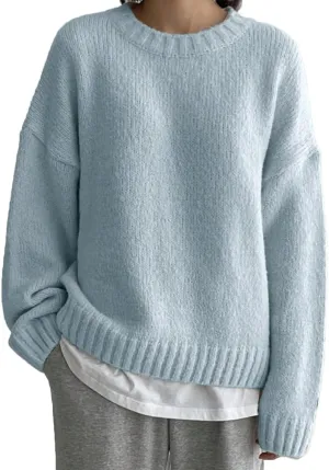 Women Drop Shoulder Crewneck Oversized Fuzzy Knit Sweater Long Sleeve Casual Solid Knitted Chunky Sweater Jumper