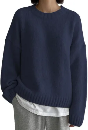 Women Drop Shoulder Crewneck Oversized Fuzzy Knit Sweater Long Sleeve Casual Solid Knitted Chunky Sweater Jumper