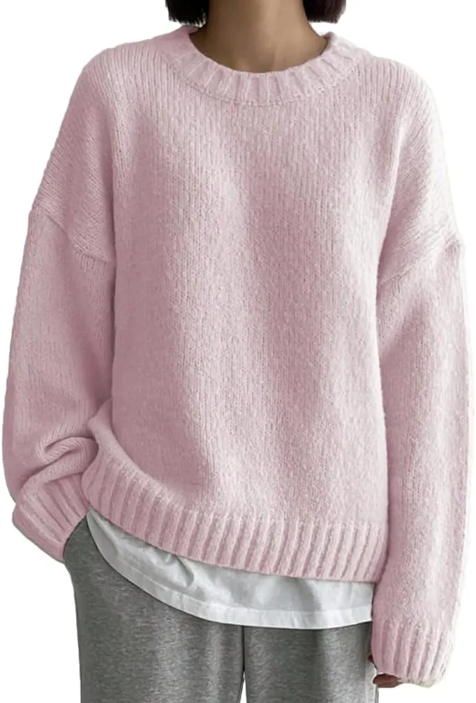 Women Drop Shoulder Crewneck Oversized Fuzzy Knit Sweater Long Sleeve Casual Solid Knitted Chunky Sweater Jumper