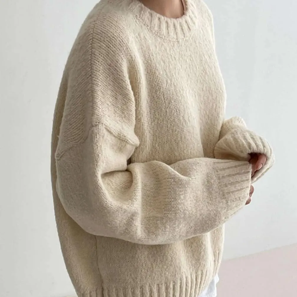 Women Drop Shoulder Crewneck Oversized Fuzzy Knit Sweater Long Sleeve Casual Solid Knitted Chunky Sweater Jumper