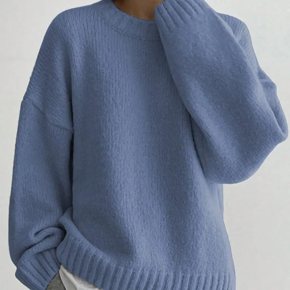 Women Drop Shoulder Crewneck Oversized Fuzzy Knit Sweater Long Sleeve Casual Solid Knitted Chunky Sweater Jumper
