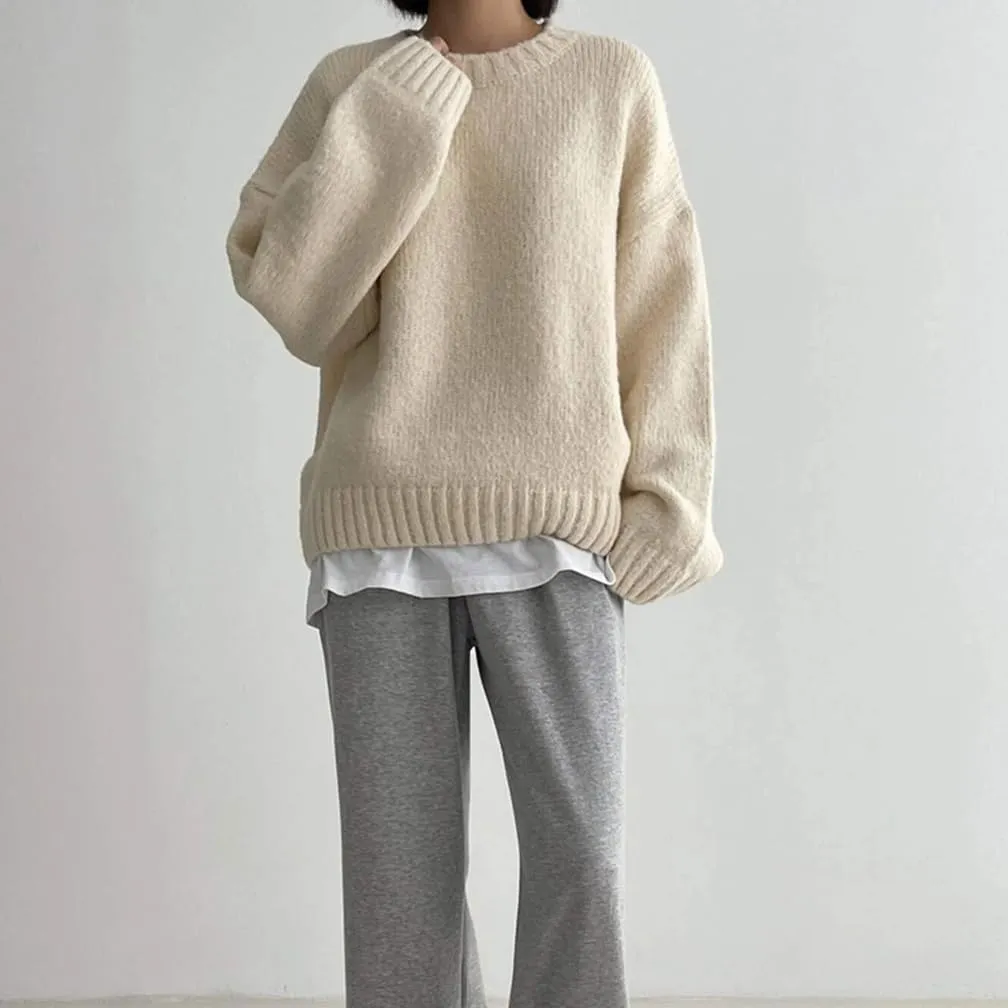 Women Drop Shoulder Crewneck Oversized Fuzzy Knit Sweater Long Sleeve Casual Solid Knitted Chunky Sweater Jumper