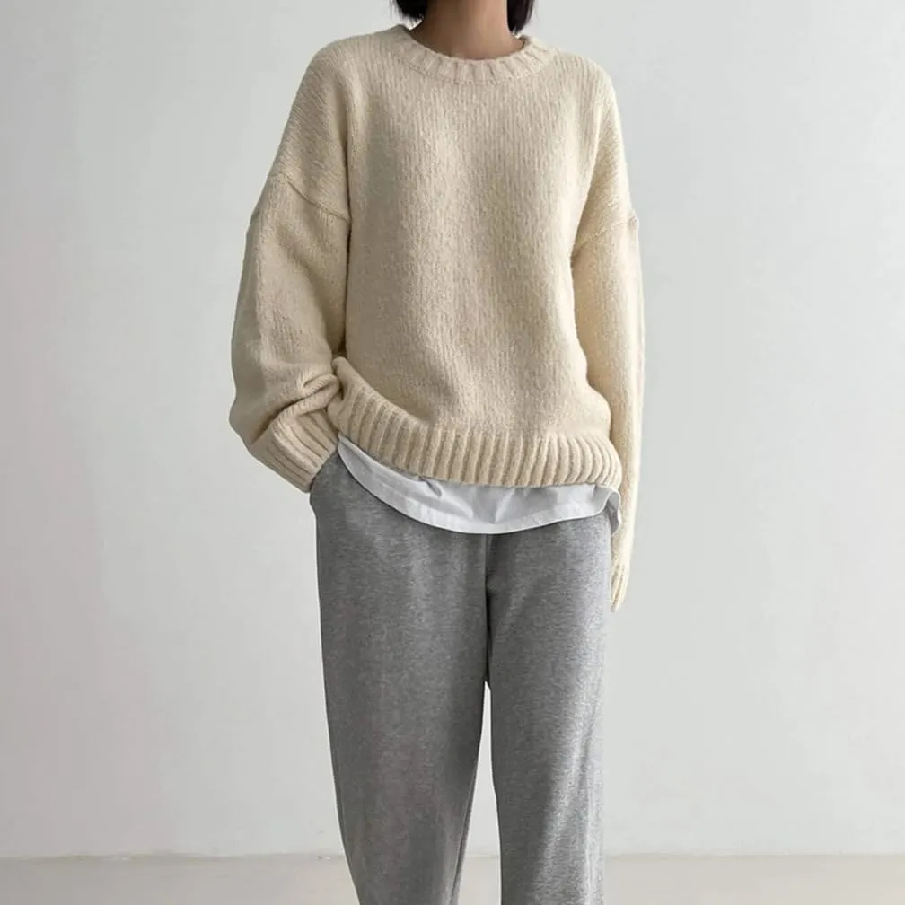 Women Drop Shoulder Crewneck Oversized Fuzzy Knit Sweater Long Sleeve Casual Solid Knitted Chunky Sweater Jumper