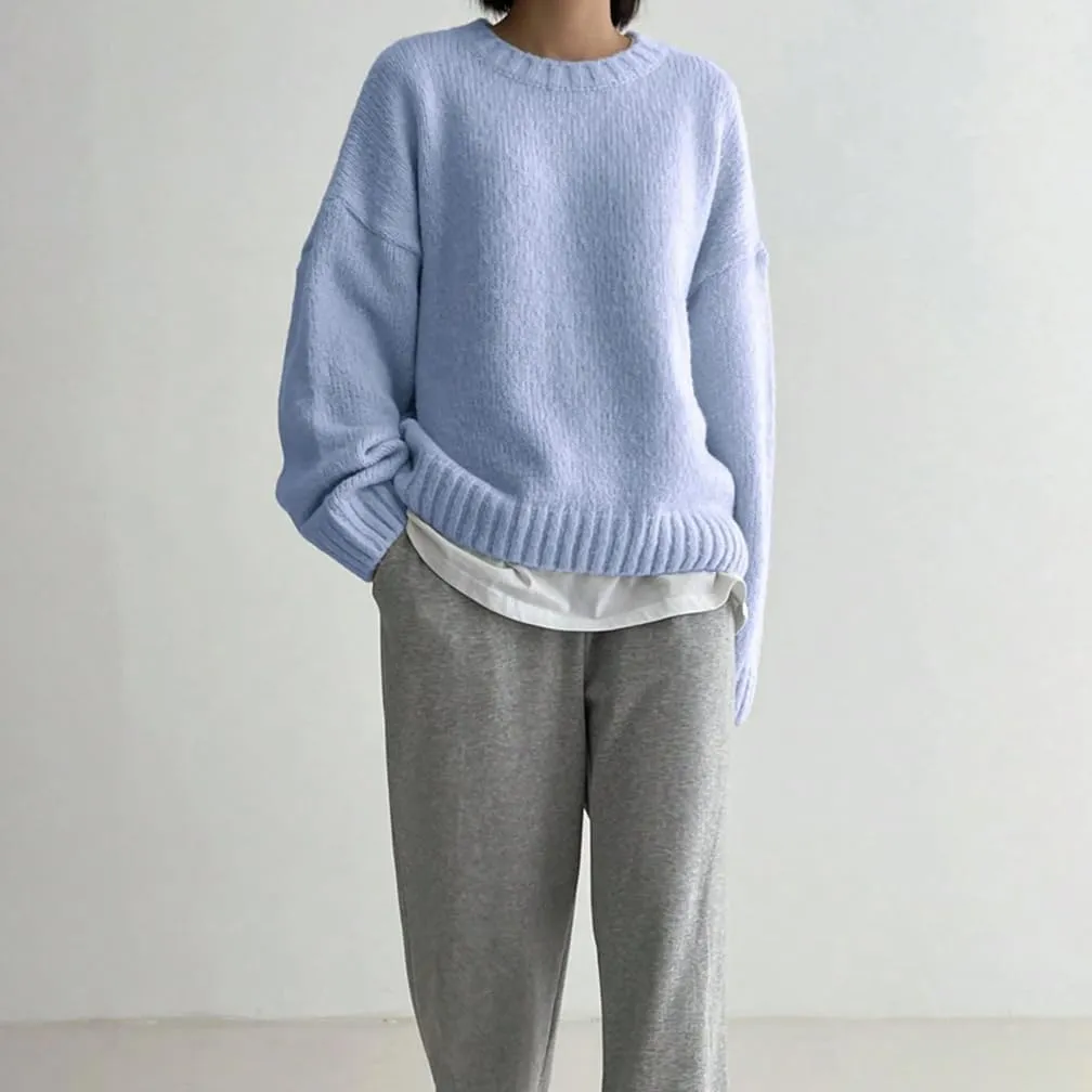 Women Drop Shoulder Crewneck Oversized Fuzzy Knit Sweater Long Sleeve Casual Solid Knitted Chunky Sweater Jumper