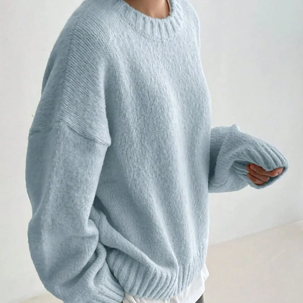 Women Drop Shoulder Crewneck Oversized Fuzzy Knit Sweater Long Sleeve Casual Solid Knitted Chunky Sweater Jumper