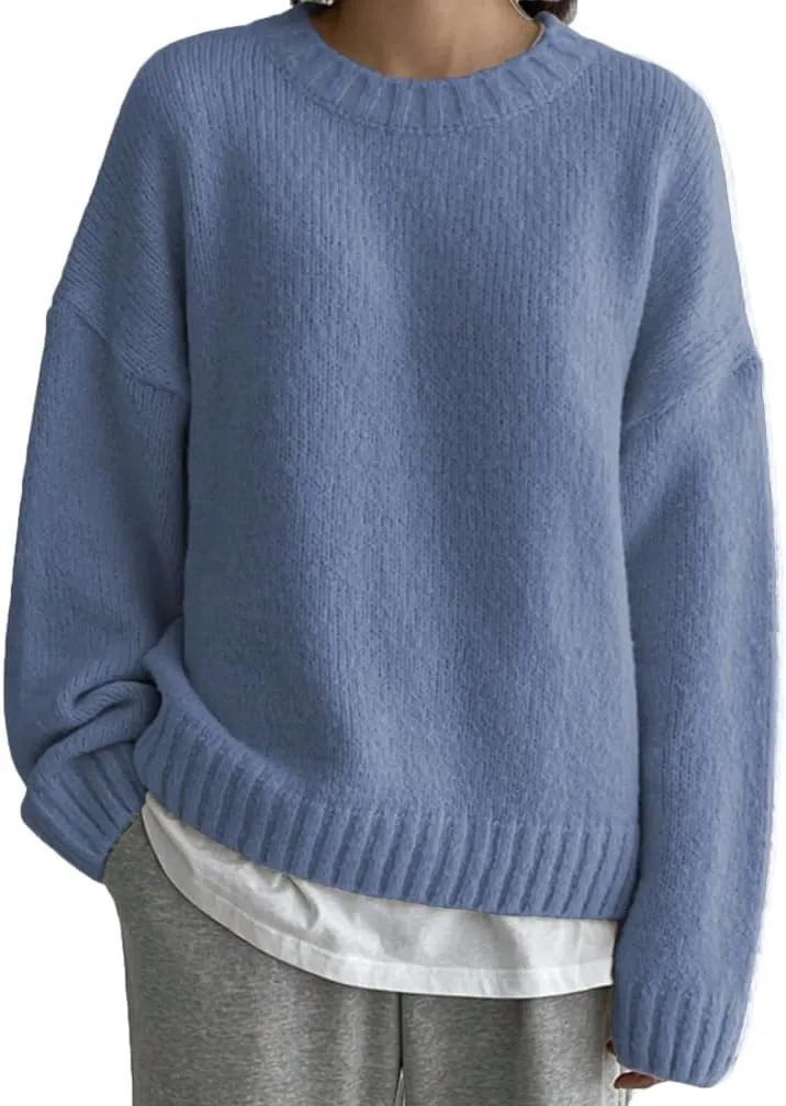 Women Drop Shoulder Crewneck Oversized Fuzzy Knit Sweater Long Sleeve Casual Solid Knitted Chunky Sweater Jumper