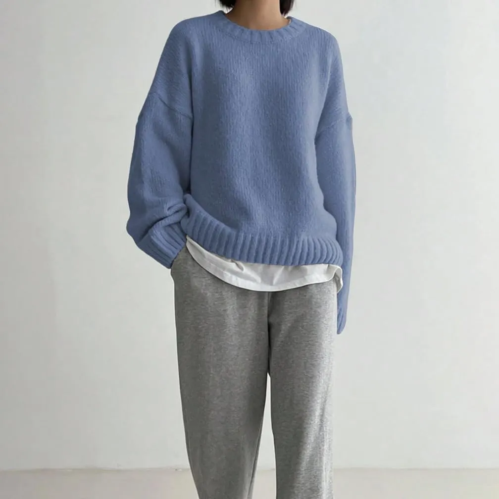 Women Drop Shoulder Crewneck Oversized Fuzzy Knit Sweater Long Sleeve Casual Solid Knitted Chunky Sweater Jumper