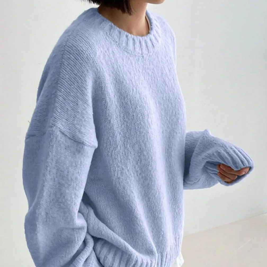 Women Drop Shoulder Crewneck Oversized Fuzzy Knit Sweater Long Sleeve Casual Solid Knitted Chunky Sweater Jumper