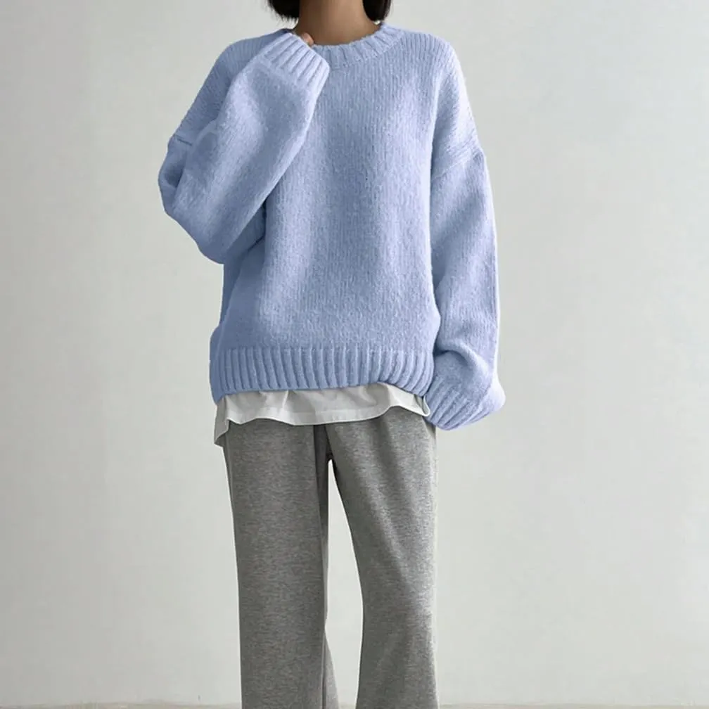 Women Drop Shoulder Crewneck Oversized Fuzzy Knit Sweater Long Sleeve Casual Solid Knitted Chunky Sweater Jumper