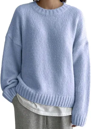 Women Drop Shoulder Crewneck Oversized Fuzzy Knit Sweater Long Sleeve Casual Solid Knitted Chunky Sweater Jumper