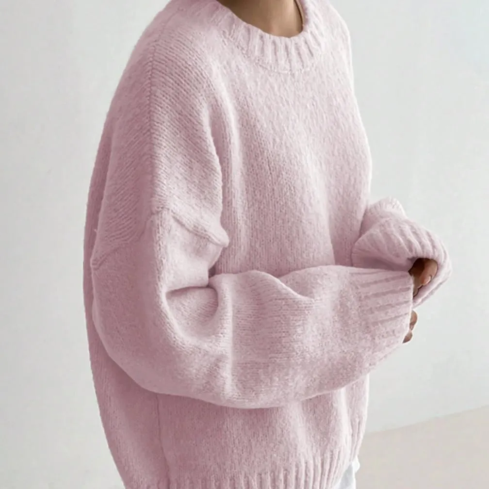 Women Drop Shoulder Crewneck Oversized Fuzzy Knit Sweater Long Sleeve Casual Solid Knitted Chunky Sweater Jumper