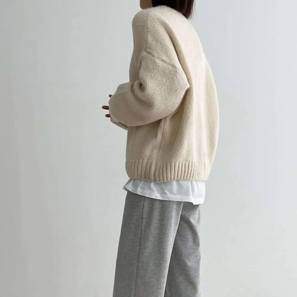 Women Drop Shoulder Crewneck Oversized Fuzzy Knit Sweater Long Sleeve Casual Solid Knitted Chunky Sweater Jumper