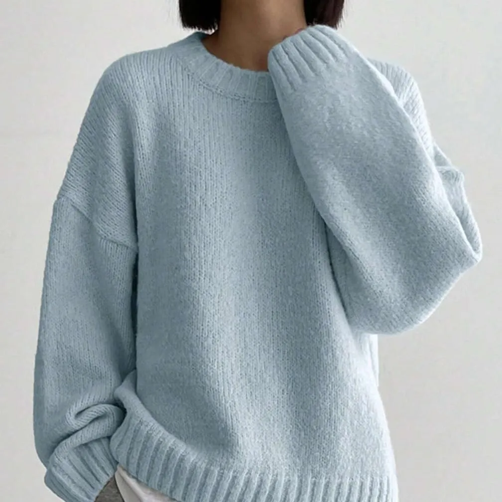 Women Drop Shoulder Crewneck Oversized Fuzzy Knit Sweater Long Sleeve Casual Solid Knitted Chunky Sweater Jumper