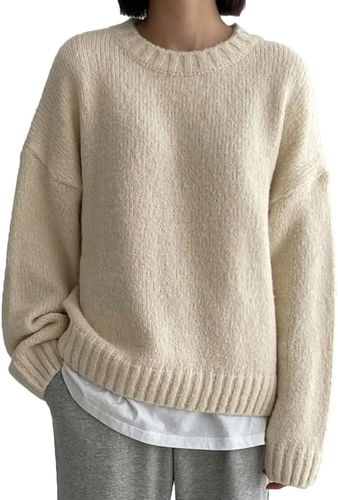 Women Drop Shoulder Crewneck Oversized Fuzzy Knit Sweater Long Sleeve Casual Solid Knitted Chunky Sweater Jumper