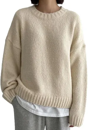 Women Drop Shoulder Crewneck Oversized Fuzzy Knit Sweater Long Sleeve Casual Solid Knitted Chunky Sweater Jumper