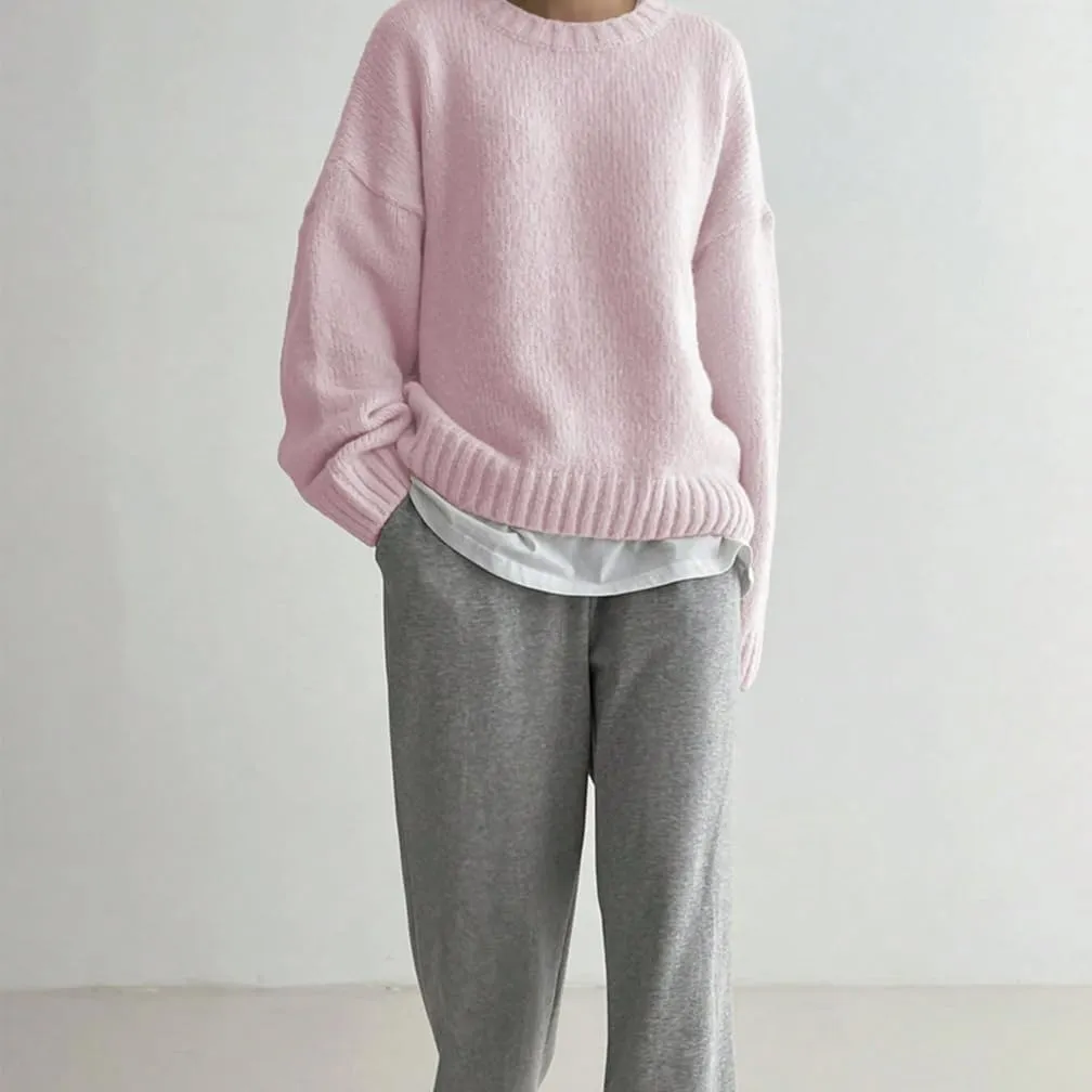 Women Drop Shoulder Crewneck Oversized Fuzzy Knit Sweater Long Sleeve Casual Solid Knitted Chunky Sweater Jumper
