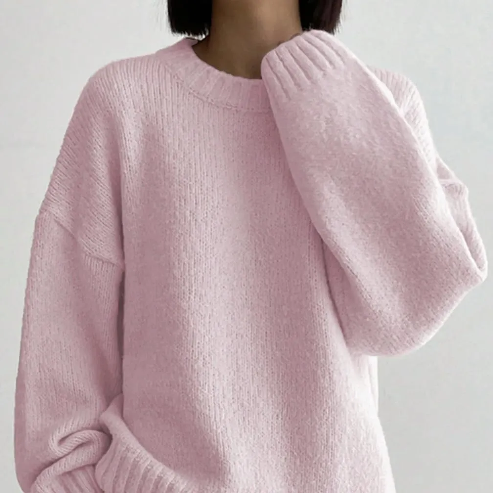 Women Drop Shoulder Crewneck Oversized Fuzzy Knit Sweater Long Sleeve Casual Solid Knitted Chunky Sweater Jumper