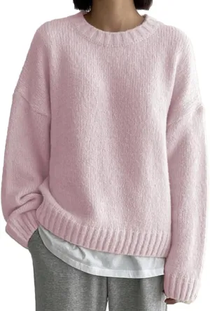 Women Drop Shoulder Crewneck Oversized Fuzzy Knit Sweater Long Sleeve Casual Solid Knitted Chunky Sweater Jumper