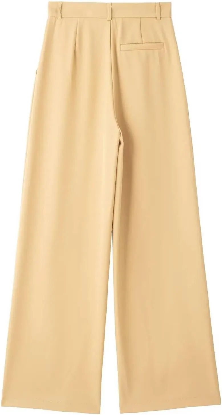 Women Fashion Pleated High Waist Wide Leg Pants Chic Side Pocket Zipper Casual Trousers