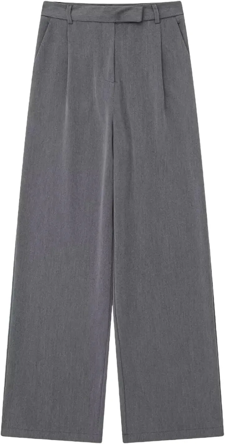 Women Fashion Pleated High Waist Wide Leg Pants Chic Side Pocket Zipper Casual Trousers