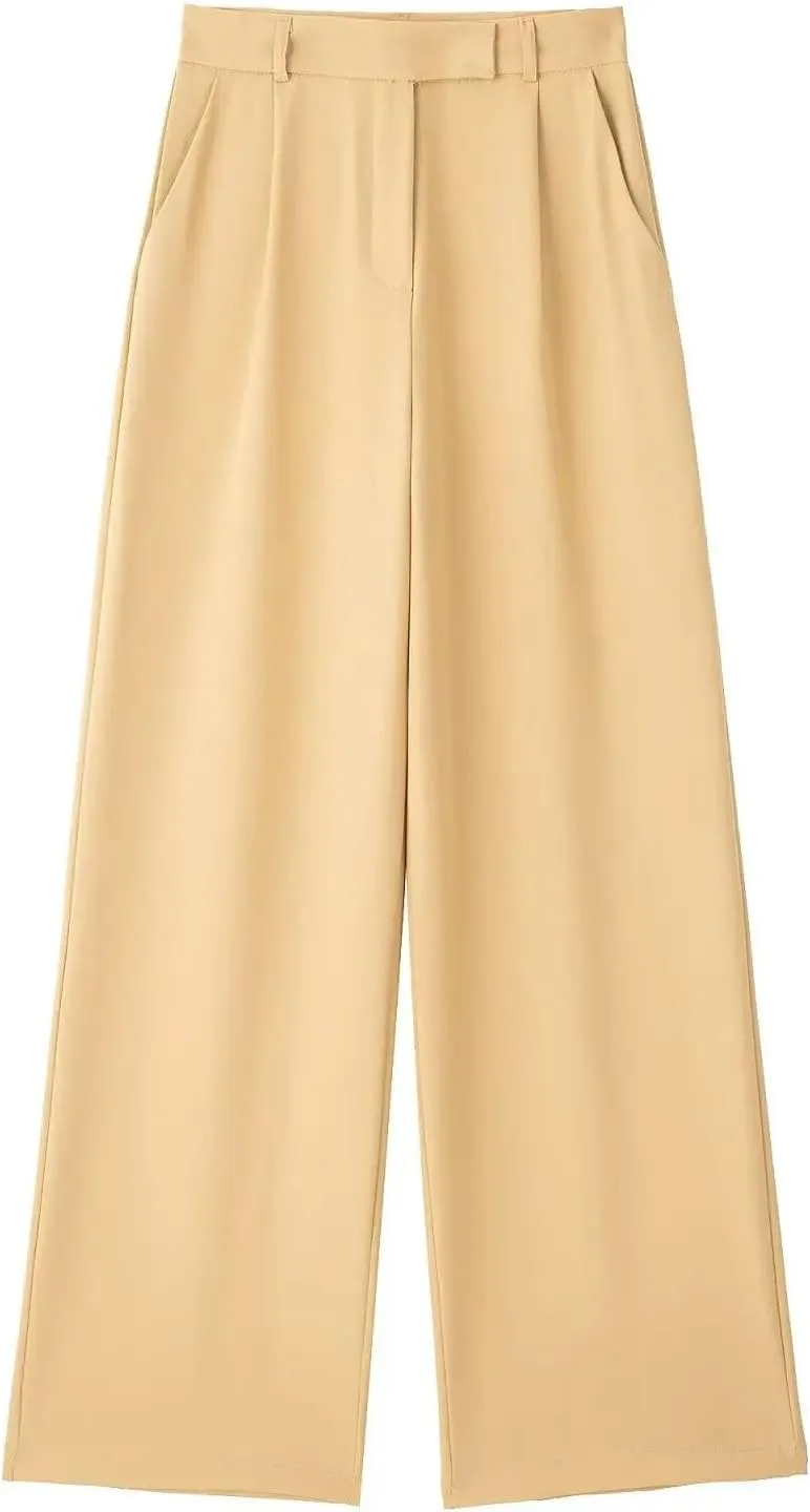 Women Fashion Pleated High Waist Wide Leg Pants Chic Side Pocket Zipper Casual Trousers