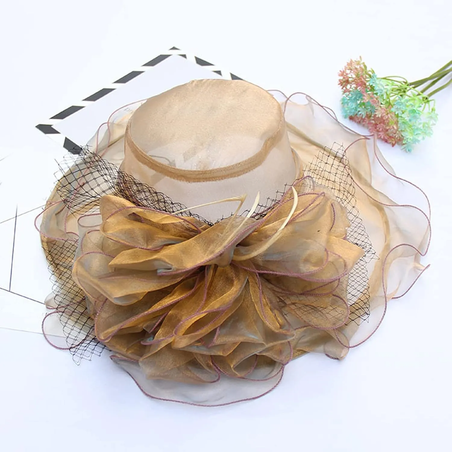 Women Flower-Organza Derby-Hat Polka-Dots-Brim Kentucky-Sun-Hat Tea-Party-Elegant-Hat-Church-Fascinator