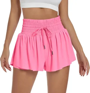Women Flowy Athletic Shorts 2 in 1 Running Shorts with Pocket High Waisted Butterfly Shorts Workout Tennis Shorts