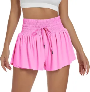 Women Flowy Athletic Shorts 2 in 1 Running Shorts with Pocket High Waisted Butterfly Shorts Workout Tennis Shorts