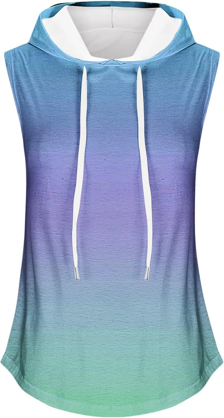 Women Gradient Hooded Tank Top Summer Casual Yoga Running Sleeveless T Shirts Athletic Gym Workout Drawstring Hoodies
