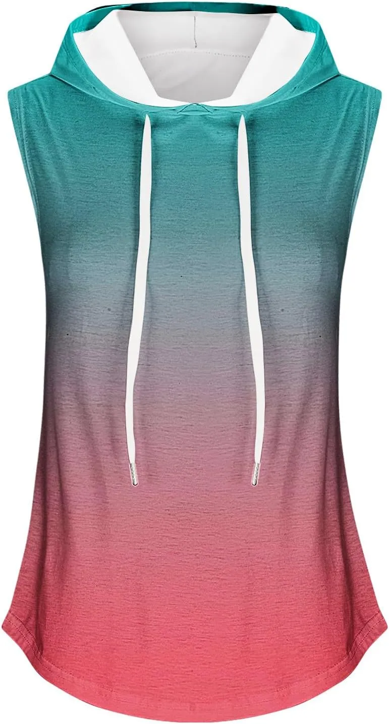 Women Gradient Hooded Tank Top Summer Casual Yoga Running Sleeveless T Shirts Athletic Gym Workout Drawstring Hoodies