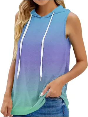 Women Gradient Hooded Tank Top Summer Casual Yoga Running Sleeveless T Shirts Athletic Gym Workout Drawstring Hoodies