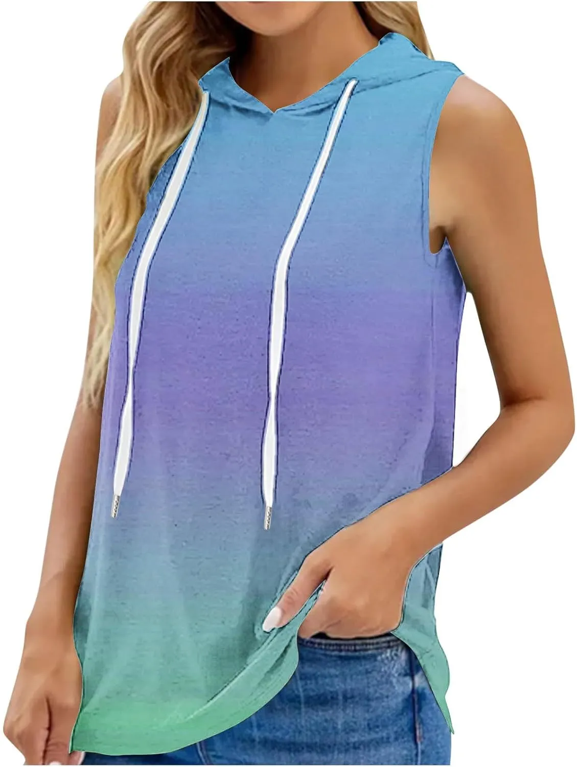 Women Gradient Hooded Tank Top Summer Casual Yoga Running Sleeveless T Shirts Athletic Gym Workout Drawstring Hoodies