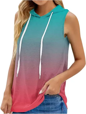 Women Gradient Hooded Tank Top Summer Casual Yoga Running Sleeveless T Shirts Athletic Gym Workout Drawstring Hoodies