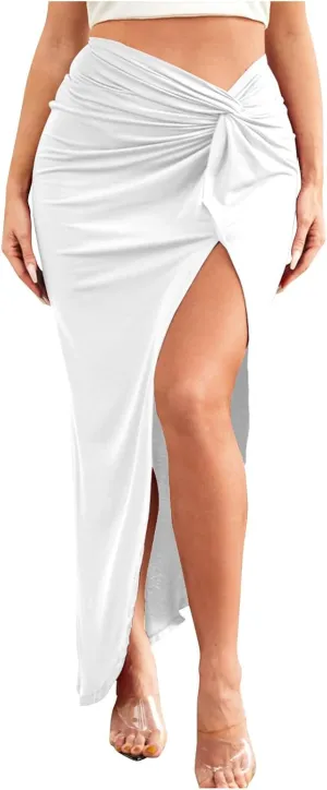 Women High Waist Twist Maxi Skirts Sexy Casual High Slit Skirt Trendy Solid Summer Half Dress Ladies Long Skirts