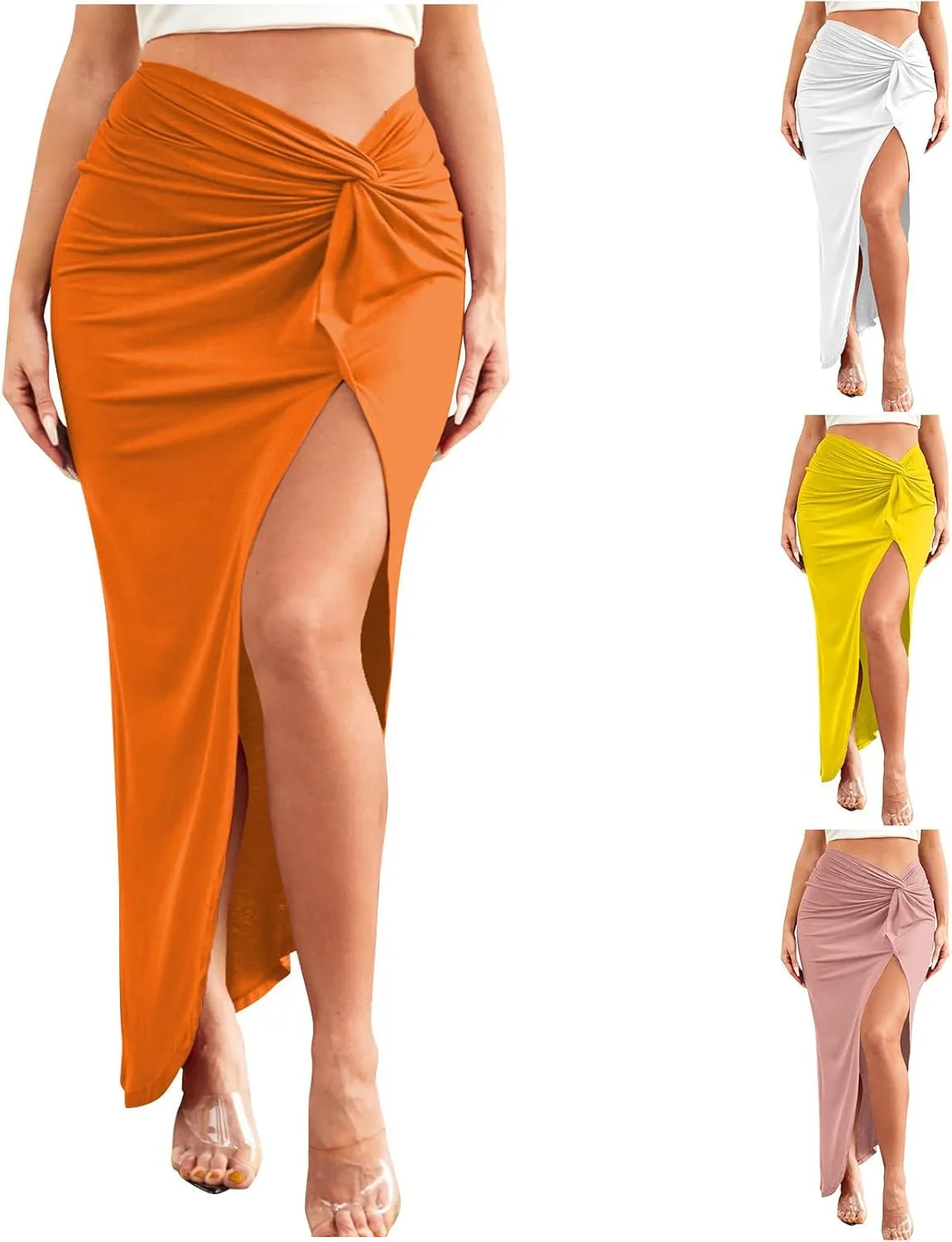 Women High Waist Twist Maxi Skirts Sexy Casual High Slit Skirt Trendy Solid Summer Half Dress Ladies Long Skirts