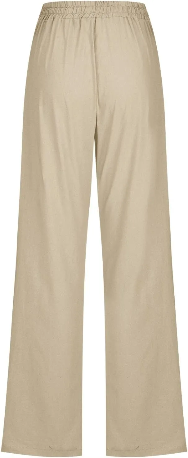 Women High Waisted Wide Leg Pants Casual Drawstring Elastic Trousers Comfy Straight Leg Long Womens Warm Casual