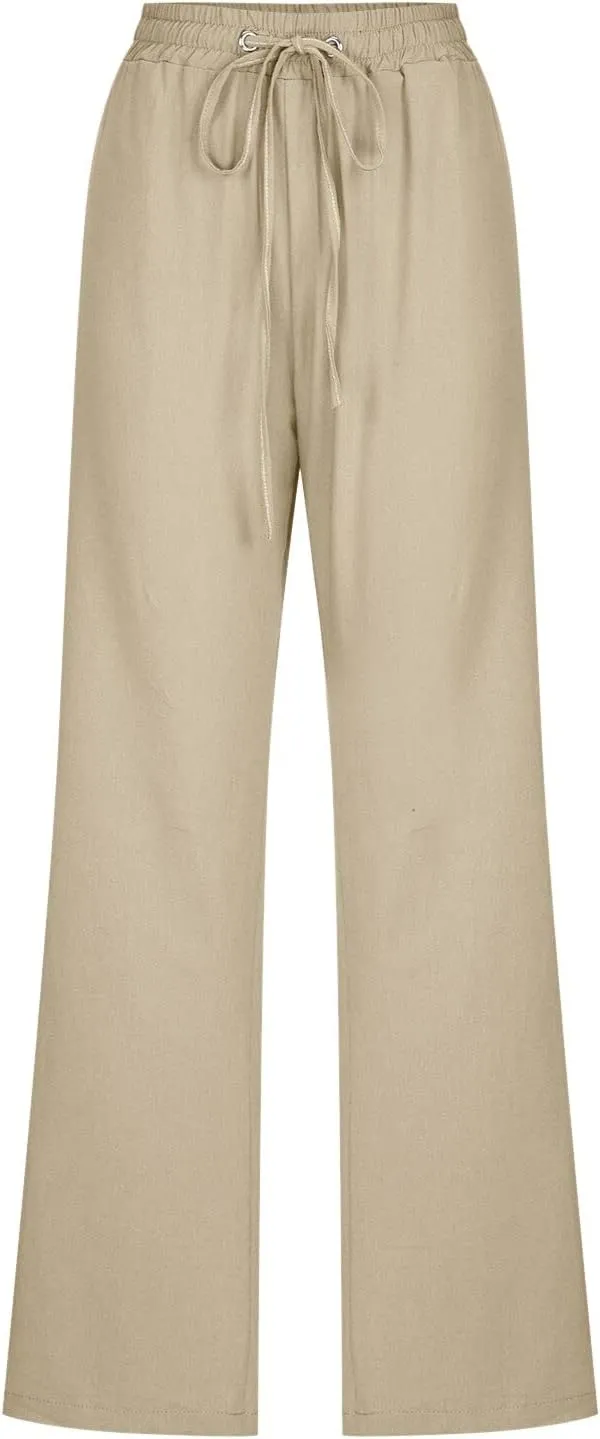 Women High Waisted Wide Leg Pants Casual Drawstring Elastic Trousers Comfy Straight Leg Long Womens Warm Casual