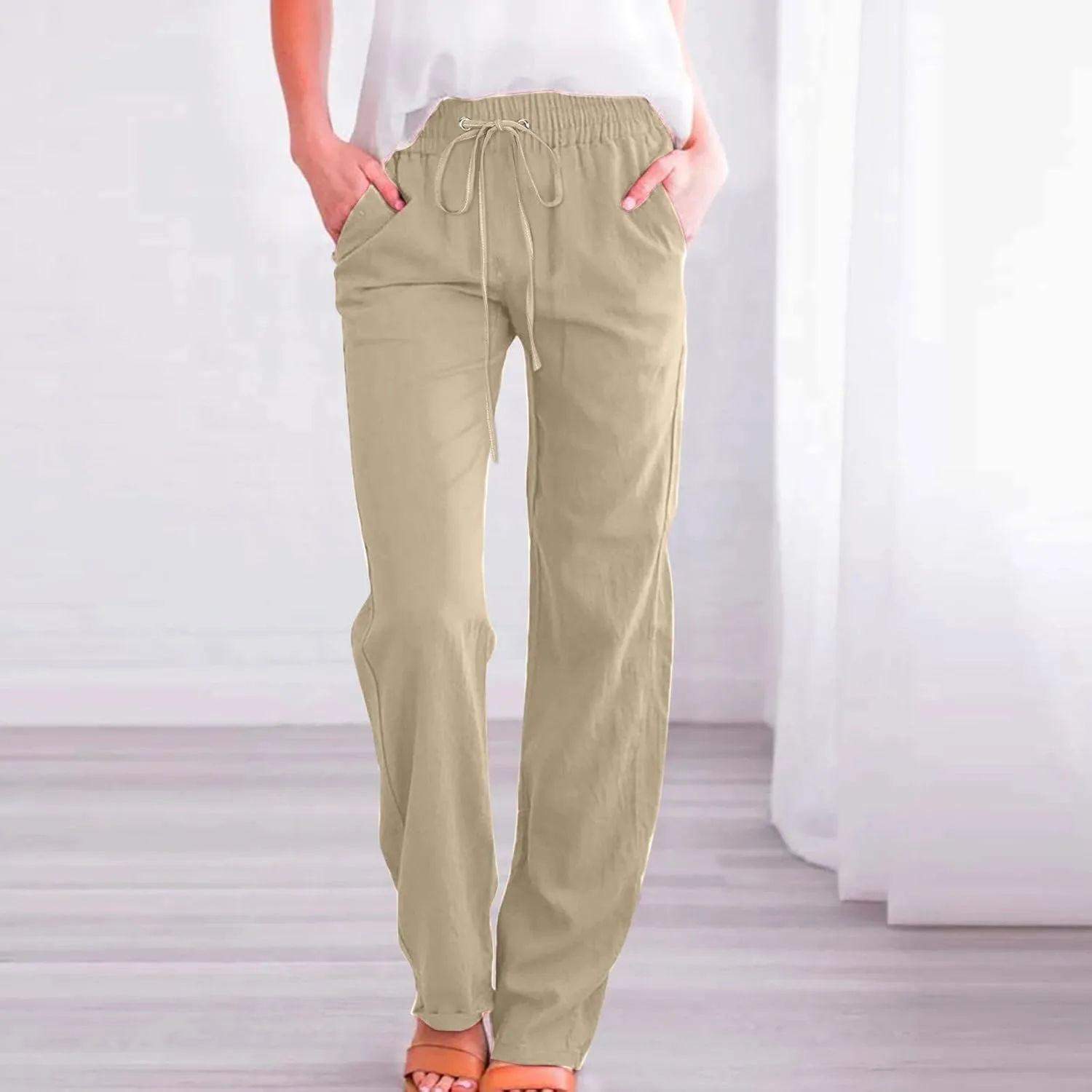 Women High Waisted Wide Leg Pants Casual Drawstring Elastic Trousers Comfy Straight Leg Long Womens Warm Casual