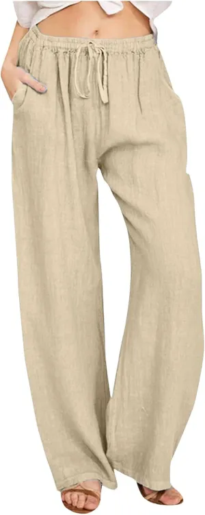 Women High Waisted Wide Leg Pants Fashion Drawstring Elastic Trousers Comfy Straight Leg Long Pants with Pockets