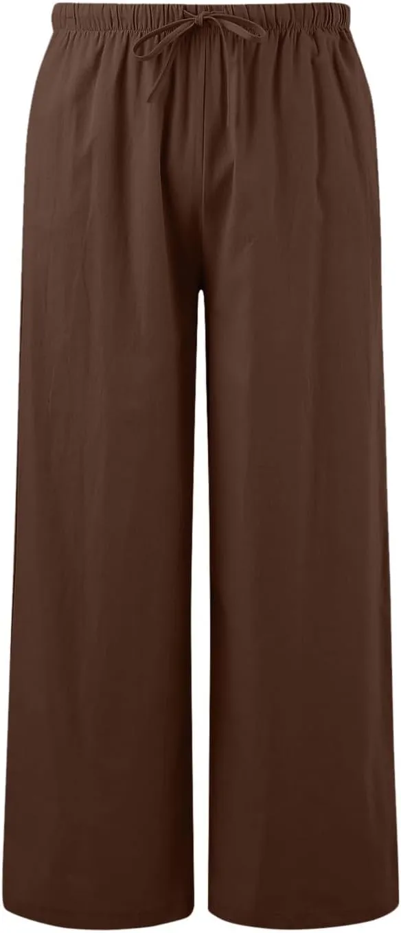 Women High Waisted Wide Leg Pants Fashion Drawstring Elastic Trousers Comfy Straight Leg Long Pants with Pockets