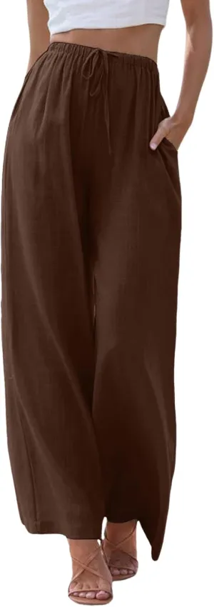 Women High Waisted Wide Leg Pants Fashion Drawstring Elastic Trousers Comfy Straight Leg Long Pants with Pockets